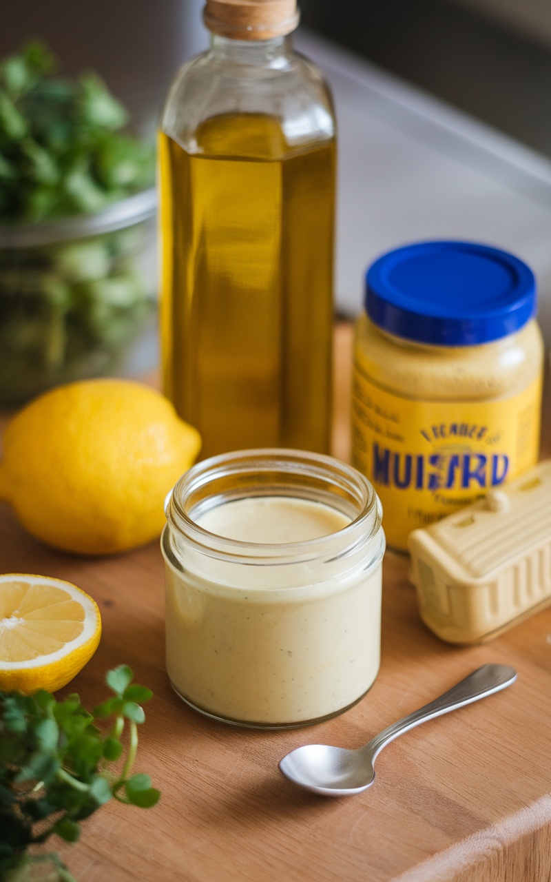 Homemade keto mayonnaise in a jar with fresh ingredients like lemon and olive oil on a wooden surface.
